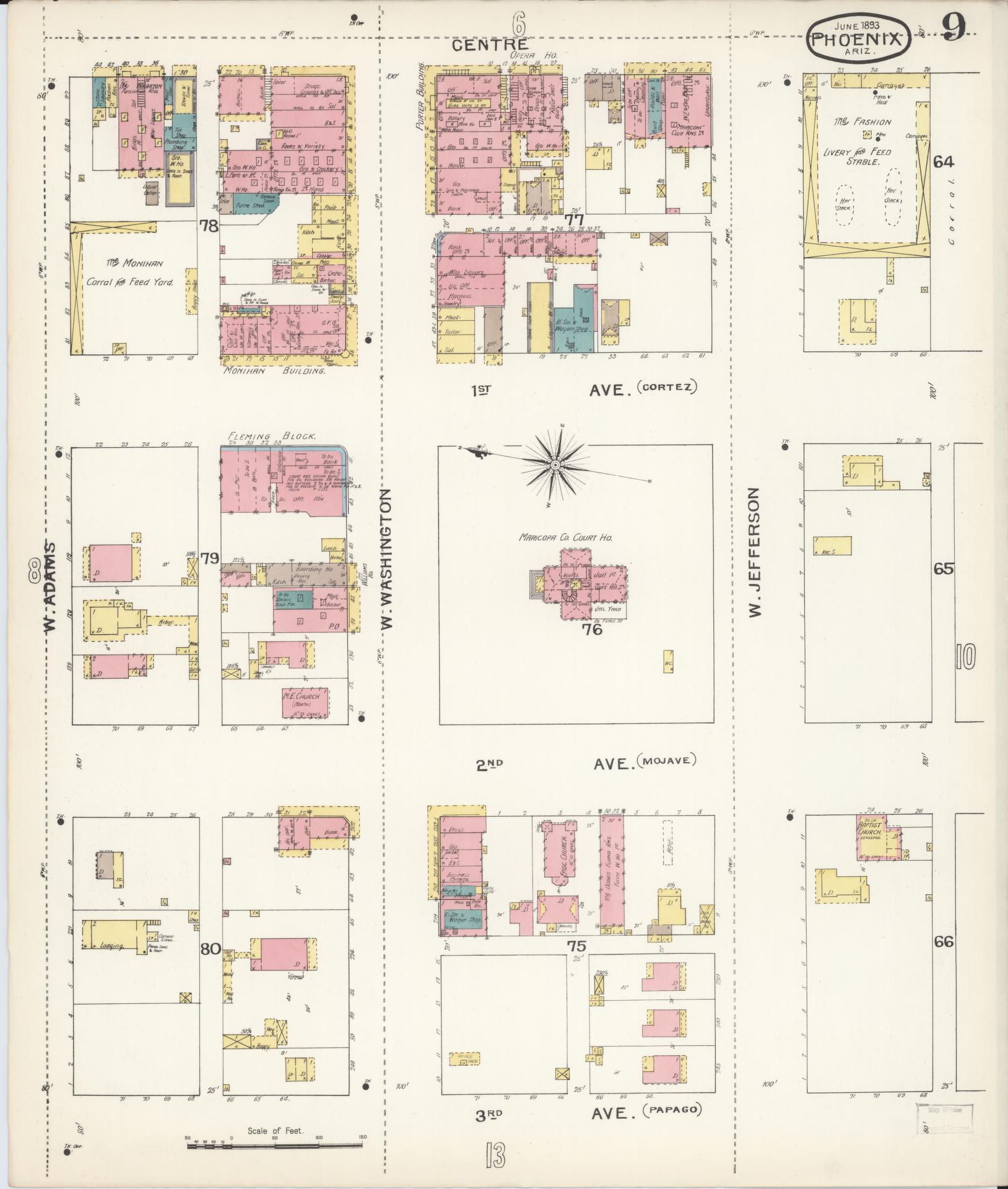 Sanborn Fire Insurance Map from Phoenix, Maricopa County, Arizona (1893), Sheet #0009 - Complete Map Set gallery image, historic Sanborn map, vintage wall art, Arizona Arizona