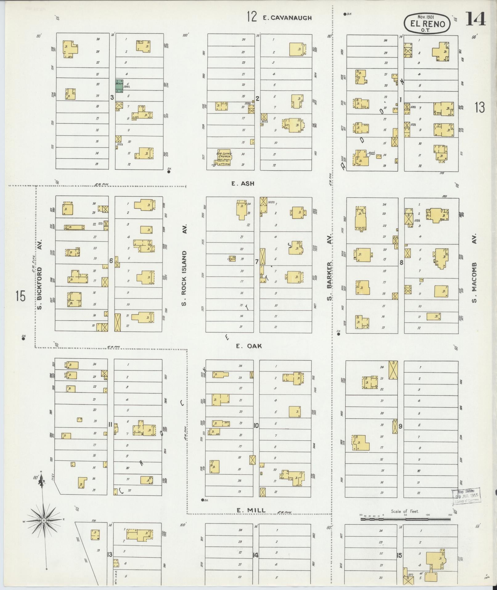 Sanborn Fire Insurance Map from El Reno, Canadian County, Oklahoma (1901), Sheet #0014 - Complete Map Set gallery image, historic Sanborn map, vintage wall art, Oklahoma Oklahoma
