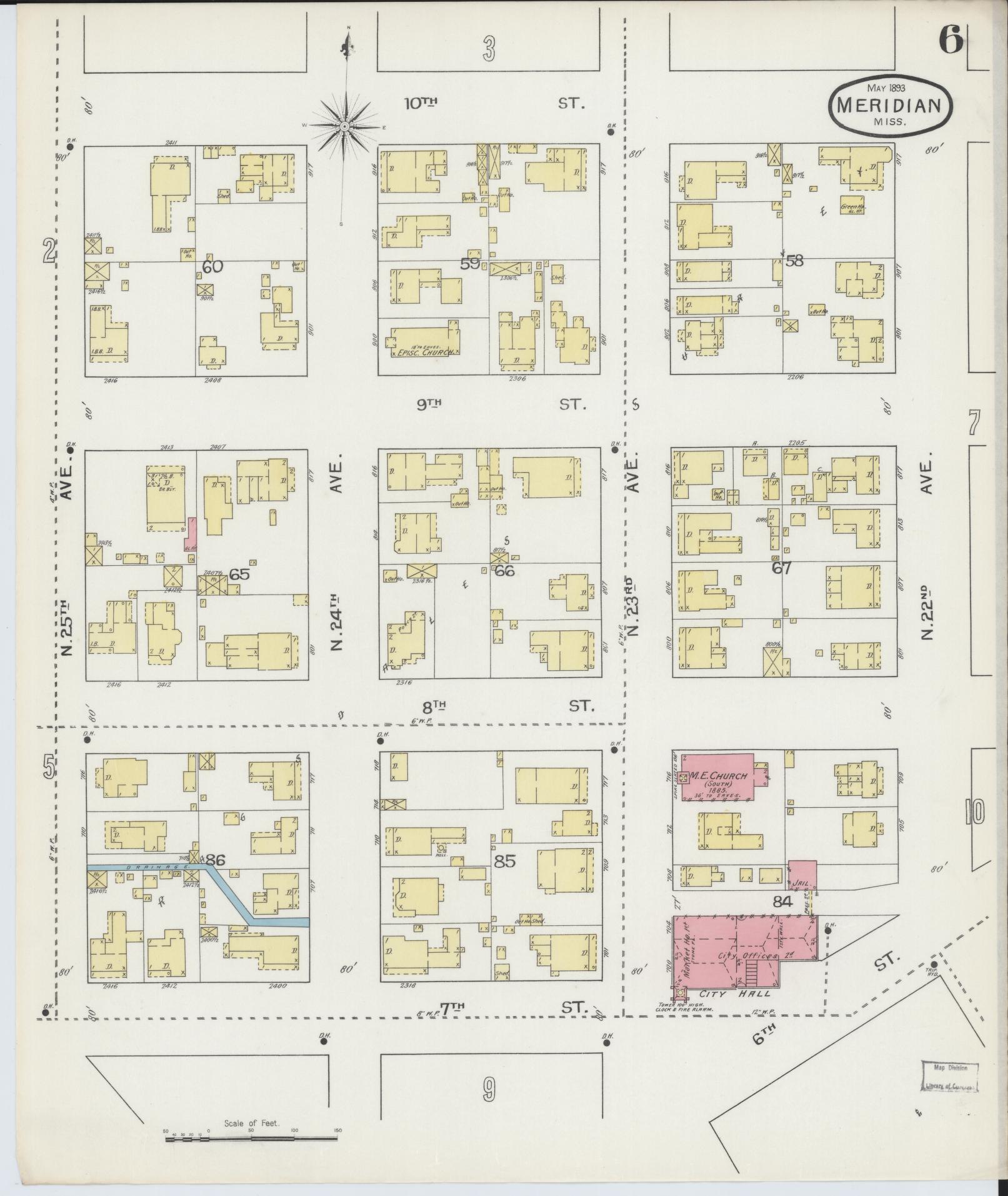 Sanborn Fire Insurance Map from Meridian, Lauderdale County, Mississippi (1893), Sheet #0006 - Complete Map Set gallery image, historic Sanborn map, vintage wall art, Mississippi Mississippi