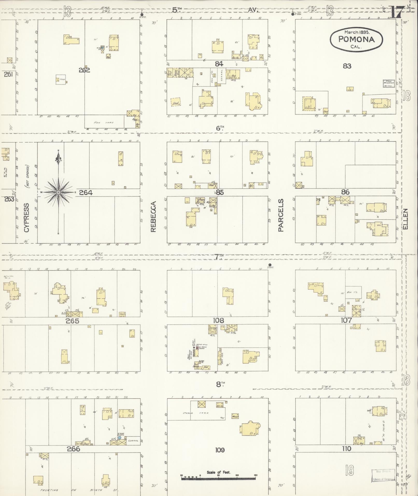 Sanborn Fire Insurance Map from Pomona, Los Angeles County, California (1895), Sheet #0017 - Complete Map Set gallery image, historic Sanborn map, vintage wall art, California California