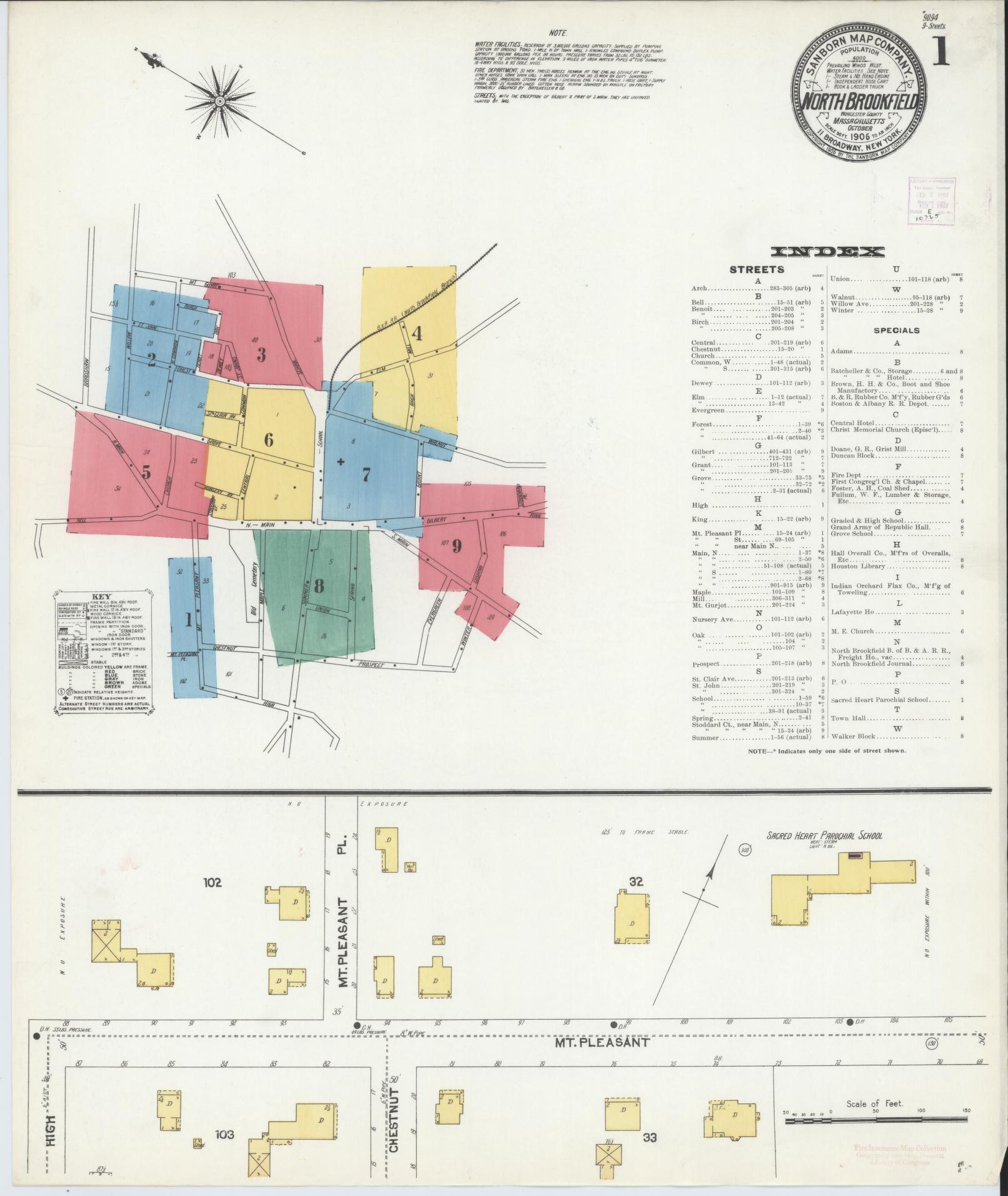 Sanborn Fire Insurance Map from North Brookfield, Worcester County, Massachusetts (1906), Sheet #0001 - Historic Sanborn Fire Insurance Map Print, vintage old map wall art, antique decor, genealogy gift, Massachusetts Massachusetts map