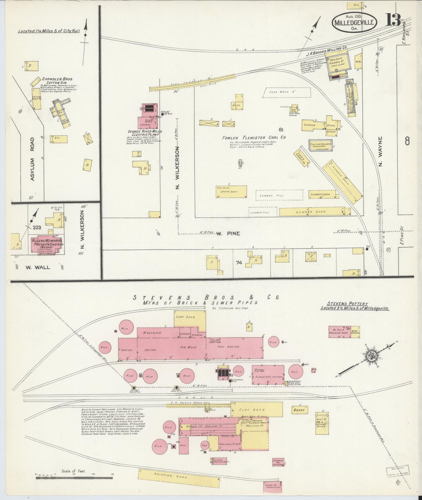 Sanborn Fire Insurance Map from Milledgeville, Baldwin County, Georgia (1913), Sheet #0013 - Historic Sanborn Fire Insurance Map Print, vintage old map wall art, antique decor, genealogy gift, Georgia Georgia map