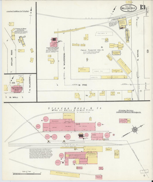Sanborn Fire Insurance Map from Milledgeville, Baldwin County, Georgia (1913), Sheet #0013 - Historic Sanborn Fire Insurance Map Print, vintage old map wall art, antique decor, genealogy gift, Georgia Georgia map