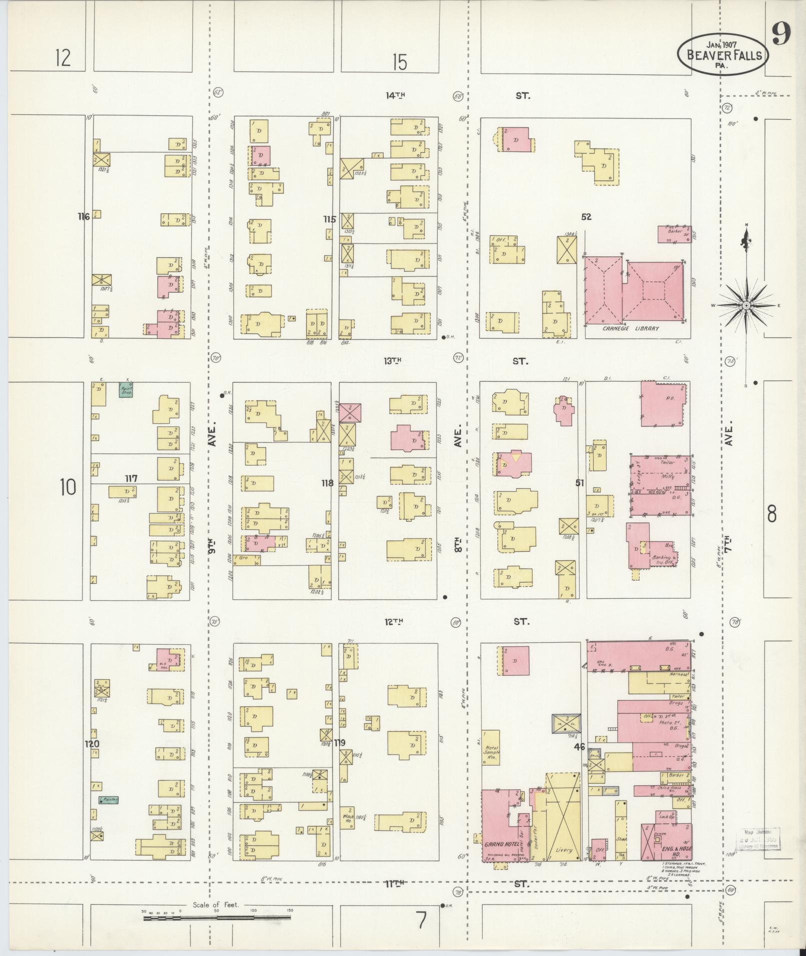 Sanborn Fire Insurance Map from Beaver Falls, Beaver County, Pennsylvania (1907), Sheet #0009 - Complete Map Set gallery image, historic Sanborn map, vintage wall art, Pennsylvania Pennsylvania