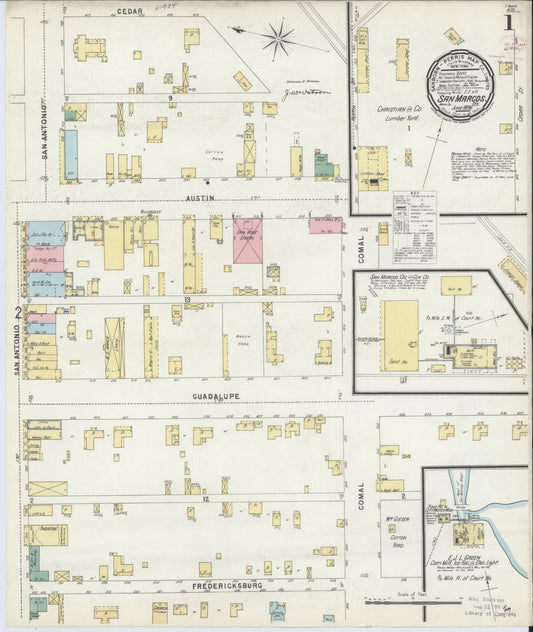 Sanborn Fire Insurance Map from San Marcos, Hays County, Texas (1896), Sheet #0001 - Historic Sanborn Fire Insurance Map Print, vintage old map wall art, antique decor, genealogy gift, Texas Texas map