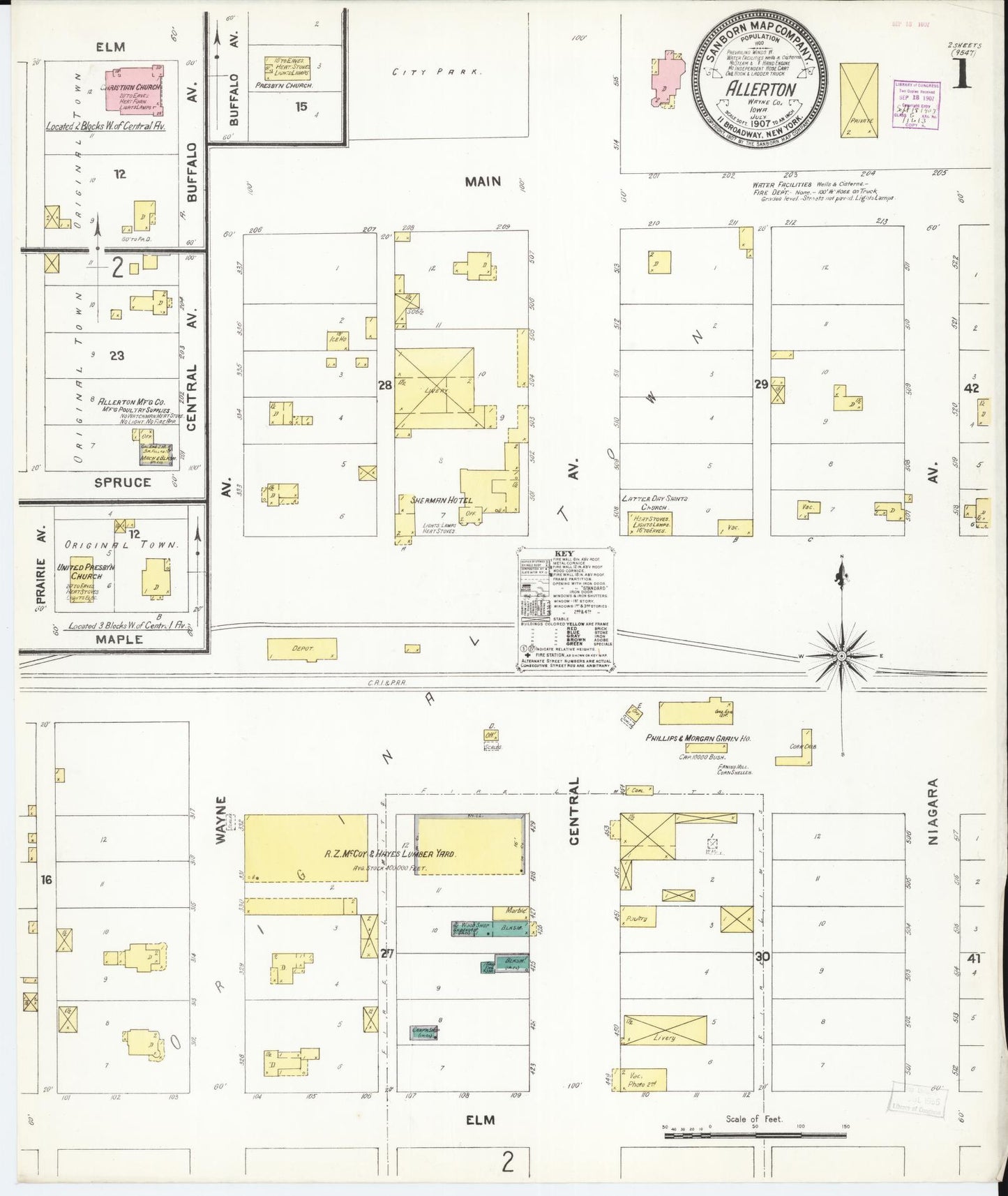 Sanborn Fire Insurance Map from Allerton, Wayne County, Iowa (1907), Sheet #0001 - Historic Sanborn Fire Insurance Map Print, vintage old map wall art