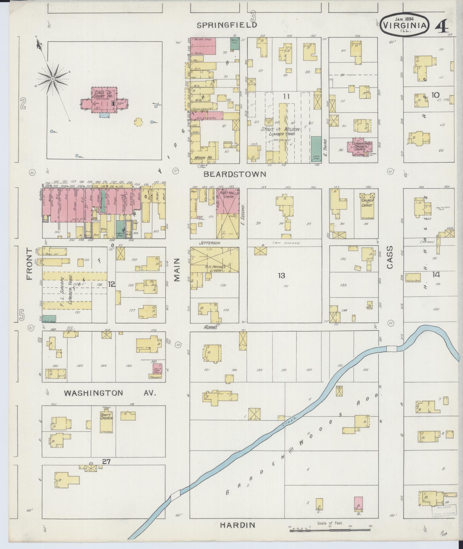 Sanborn Fire Insurance Map from Virginia, Cass County, Illinois (1894), Sheet #0004 - Historic Sanborn Fire Insurance Map Print, vintage old map wall art, antique decor, genealogy gift, Virginia Virginia map