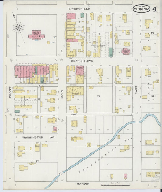Sanborn Fire Insurance Map from Virginia, Cass County, Illinois (1894), Sheet #0004 - Historic Sanborn Fire Insurance Map Print, vintage old map wall art, antique decor, genealogy gift, Virginia Virginia map