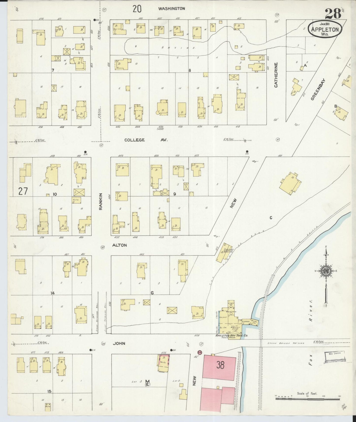 Sanborn Fire Insurance Map from Appleton, Outagamie County, Wisconsin (1911), Sheet #0028 - Complete Map Set gallery image, historic Sanborn map, vintage wall art, Wisconsin Wisconsin