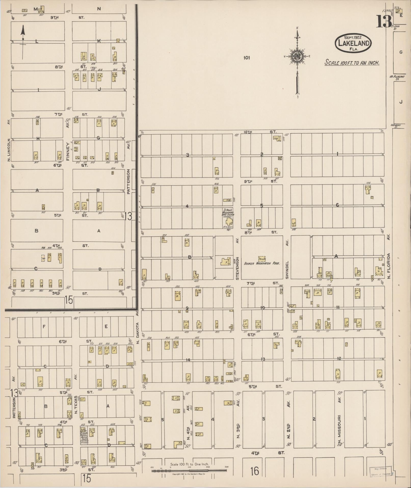 Sanborn Fire Insurance Map from Lakeland, Polk County, Florida (1922), Sheet #0013 - Complete Map Set gallery image, historic Sanborn map, vintage wall art, Florida Florida