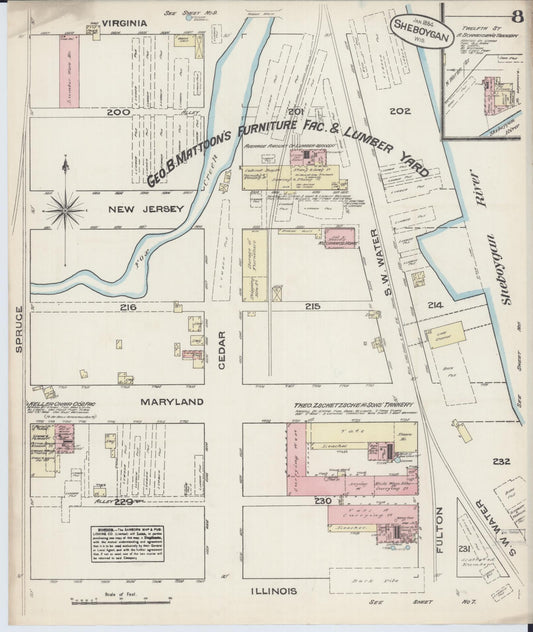 Sanborn Fire Insurance Map from Sheboygan, Sheboygan County, Wisconsin (1884), Sheet #0008 - Historic Sanborn Fire Insurance Map Print, vintage old map wall art, antique decor, genealogy gift, Wisconsin Wisconsin map
