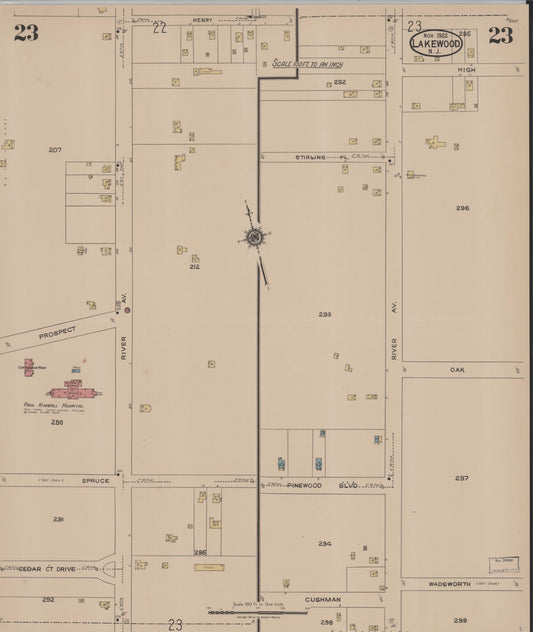 Sanborn Fire Insurance Map from Lakewood, Ocean County, New Jersey (1922), Sheet #0023 - Historic Sanborn Fire Insurance Map Print, vintage old map wall art, antique decor, genealogy gift, New Jersey New Jersey map