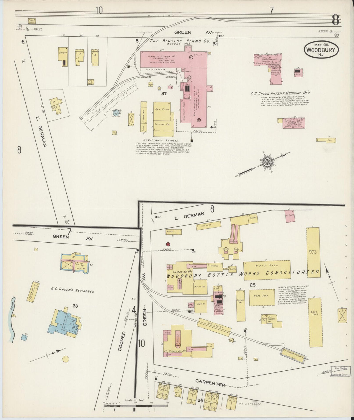 Sanborn Fire Insurance Map from Woodbury, Gloucester County, New Jersey (1915), Sheet #0008 - Historic Sanborn Fire Insurance Map Print, vintage old map wall art, antique decor, genealogy gift, New Jersey New Jersey map