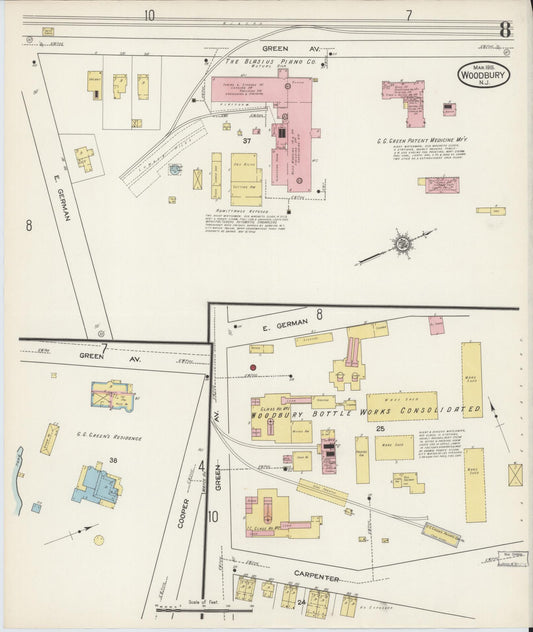 Sanborn Fire Insurance Map from Woodbury, Gloucester County, New Jersey (1915), Sheet #0008 - Historic Sanborn Fire Insurance Map Print, vintage old map wall art, antique decor, genealogy gift, New Jersey New Jersey map