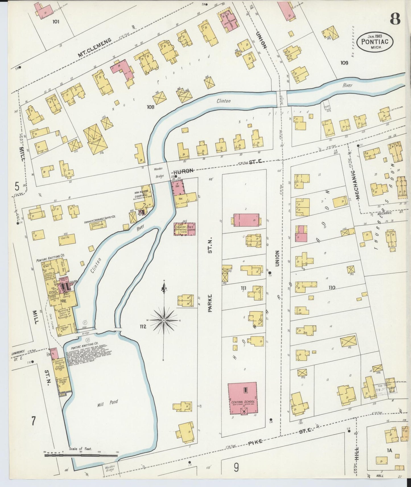 Sanborn Fire Insurance Map from Pontiac, Oakland County, Michigan (1903), Sheet #0008 - Complete Map Set gallery image, historic Sanborn map, vintage wall art, Michigan Michigan