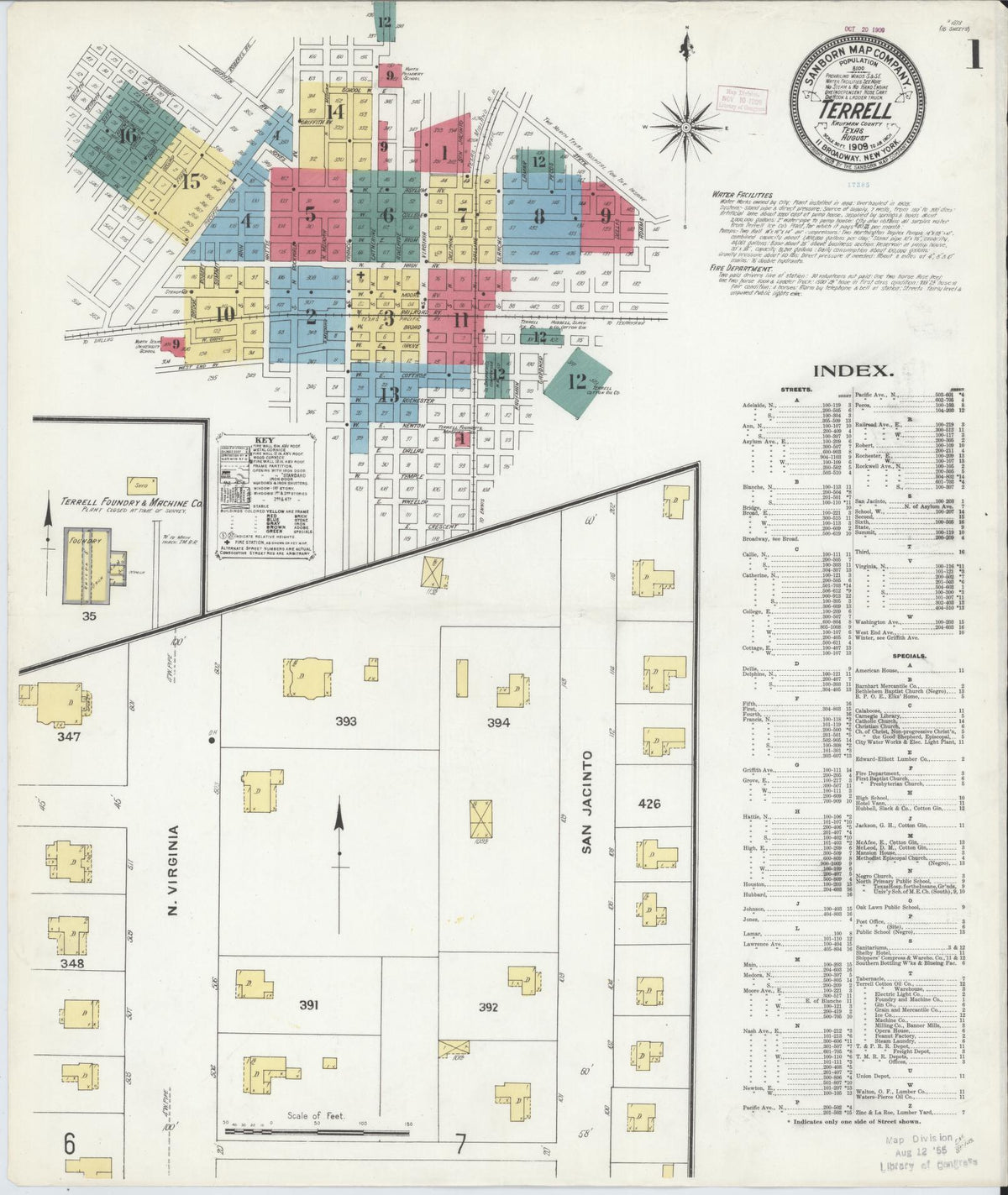Sanborn Fire Insurance Map from Terrell, Kaufman County, Texas (1909), Sheet #0001 - Historic Sanborn Fire Insurance Map Print, vintage old map wall art, antique decor, genealogy gift, Texas Texas map