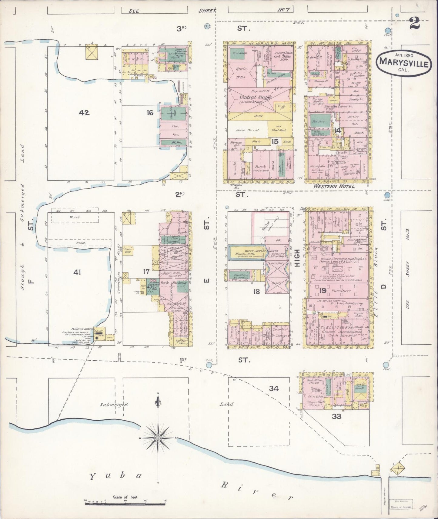 Sanborn Fire Insurance Map from Marysville, Yuba County, California (1890), Sheet #0002 - Historic Sanborn Fire Insurance Map Print, vintage old map wall art, antique decor, genealogy gift, California California map