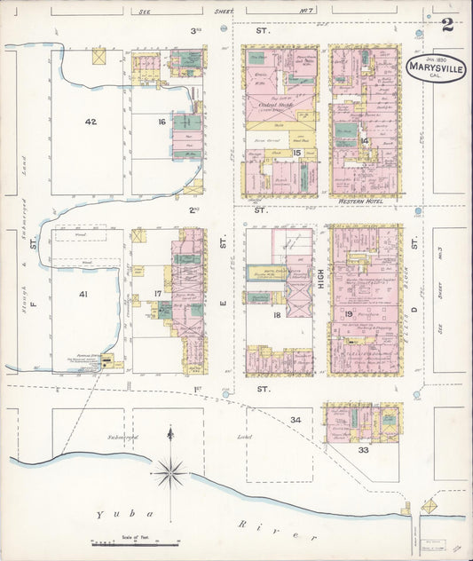 Sanborn Fire Insurance Map from Marysville, Yuba County, California (1890), Sheet #0002 - Historic Sanborn Fire Insurance Map Print, vintage old map wall art, antique decor, genealogy gift, California California map