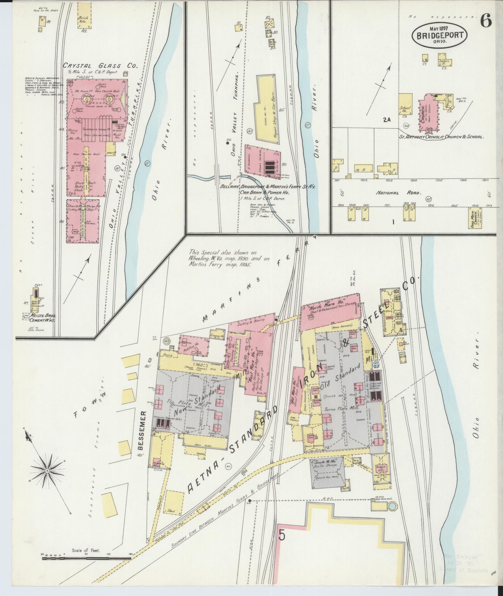 Sanborn Fire Insurance Map from Bridgeport, Belmont County, Ohio (1897), Sheet #0006 - Historic Sanborn Fire Insurance Map Print, vintage old map wall art, antique decor, genealogy gift, Ohio Ohio map