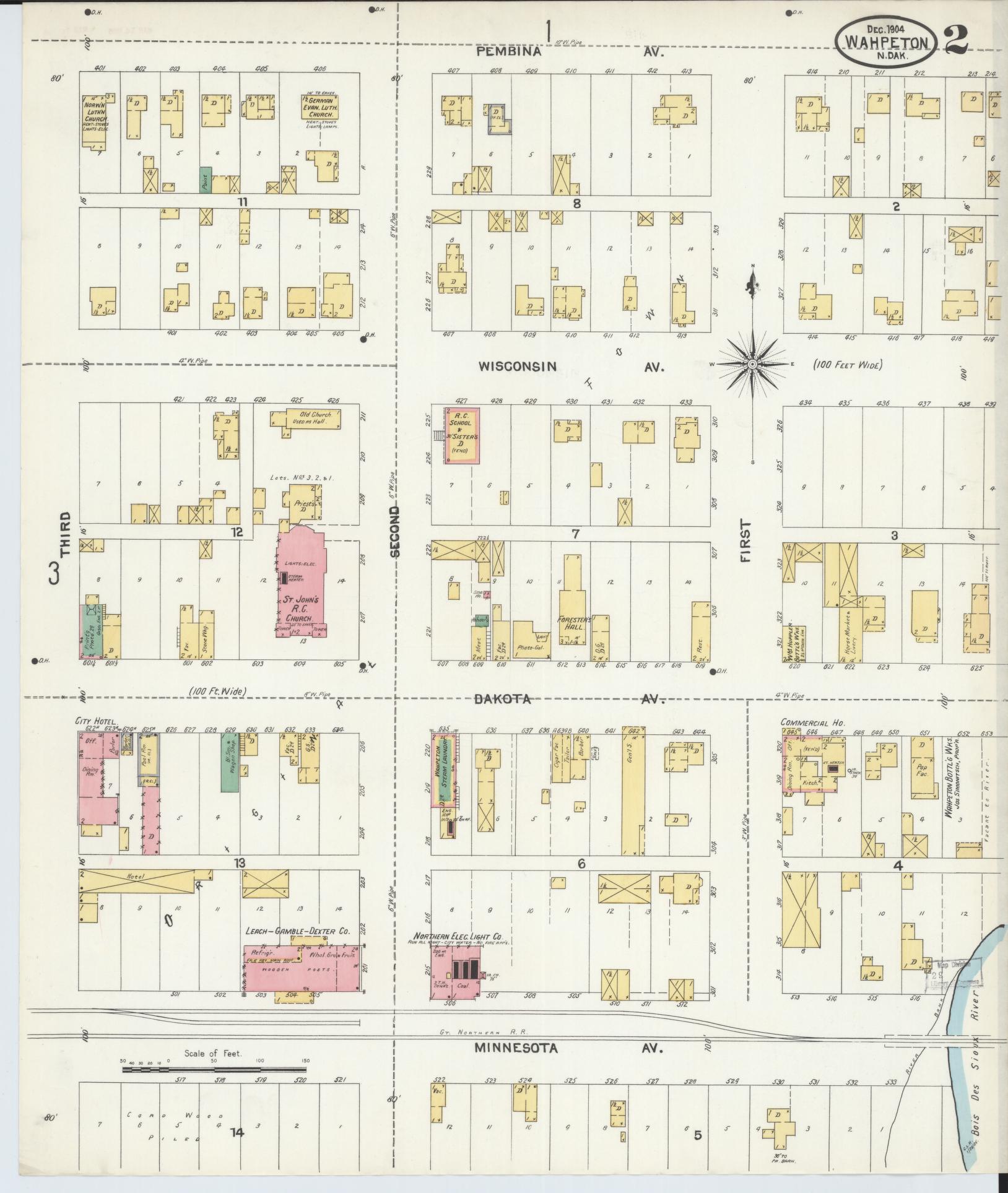 Sanborn Fire Insurance Map from Wahpeton, Richland County, North Dakota (1904), Sheet #0002 - Historic Sanborn Fire Insurance Map Print, vintage old map wall art, antique decor, genealogy gift, North Dakota North Dakota map