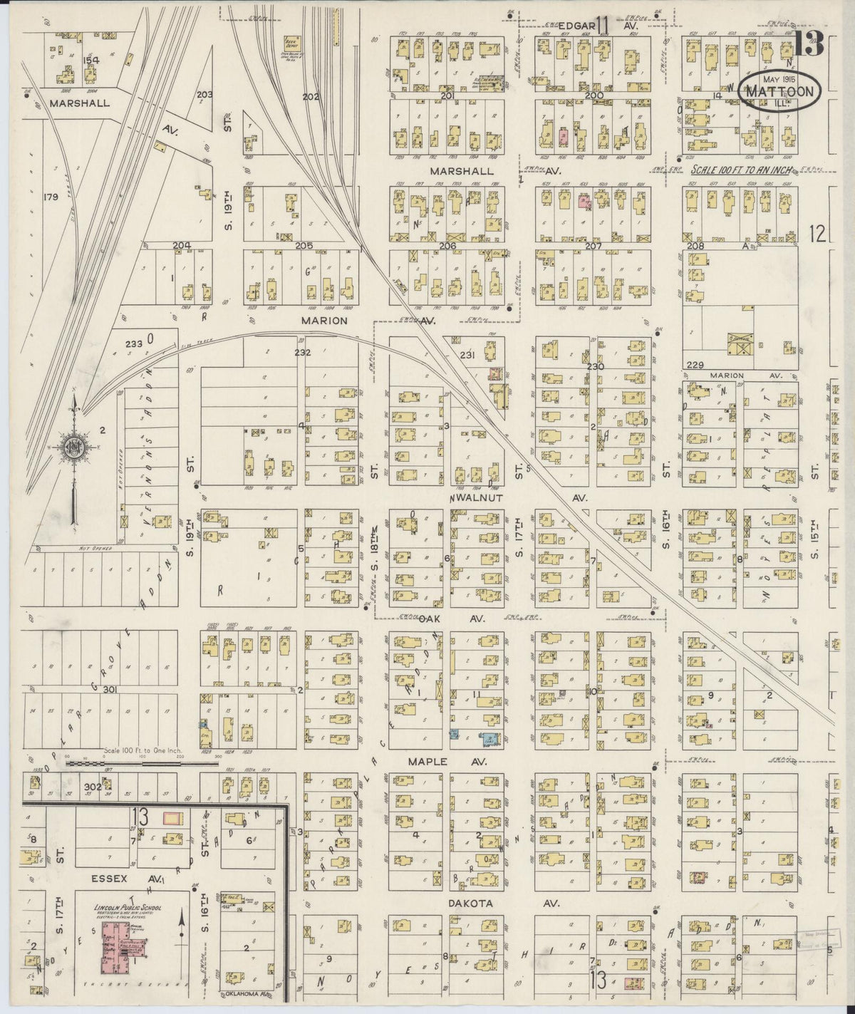 Sanborn Fire Insurance Map from Mattoon, Coles County, Illinois (1915), Sheet #0013 - Historic Sanborn Fire Insurance Map Print, vintage old map wall art, antique decor, genealogy gift, Illinois Illinois map