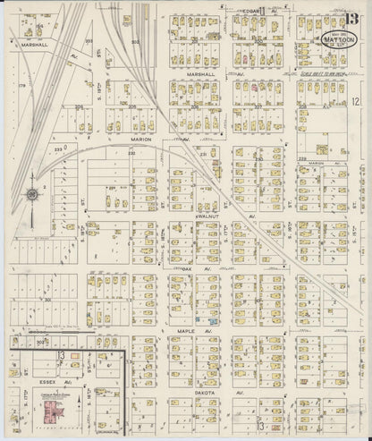 Sanborn Fire Insurance Map from Mattoon, Coles County, Illinois (1915), Sheet #0013 - Historic Sanborn Fire Insurance Map Print, vintage old map wall art, antique decor, genealogy gift, Illinois Illinois map