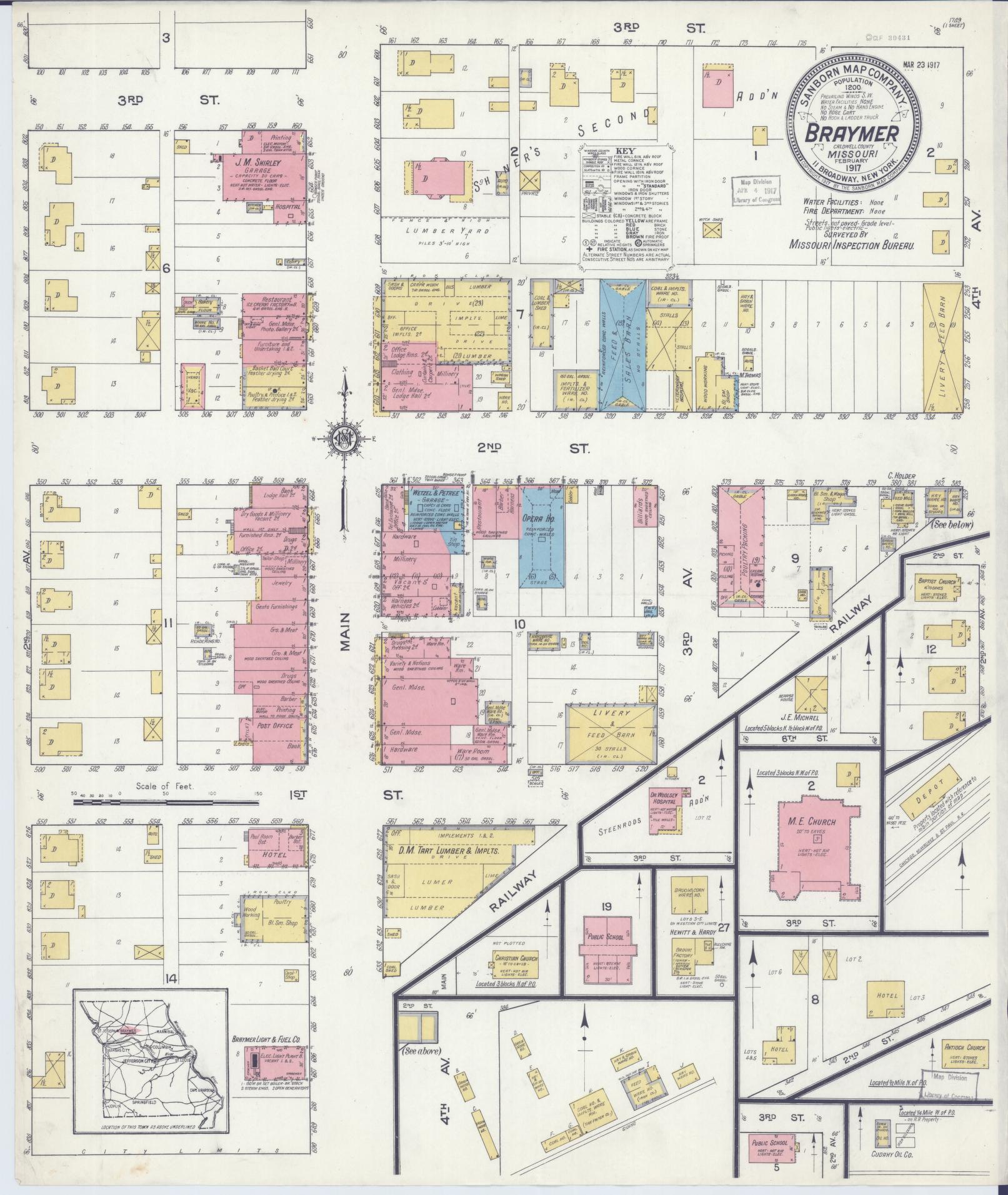 Sanborn Fire Insurance Map from Braymer, Caldwell County, Missouri (1917), Sheet #0001 - Historic Sanborn Fire Insurance Map Print, vintage old map wall art, antique decor, genealogy gift, Missouri Missouri map