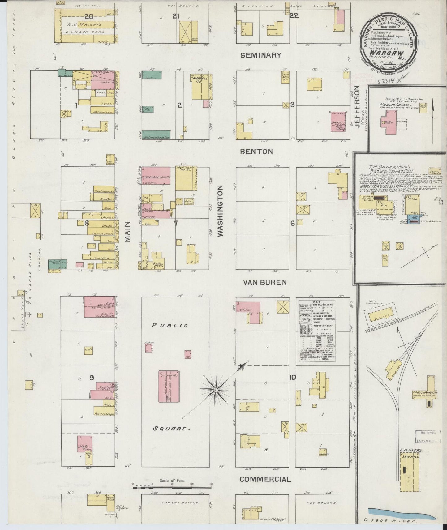 Sanborn Fire Insurance Map from Warsaw, Benton County, Missouri (1892), Sheet #0001 - Historic Sanborn Fire Insurance Map Print, vintage old map wall art, antique decor, genealogy gift, Missouri Missouri map