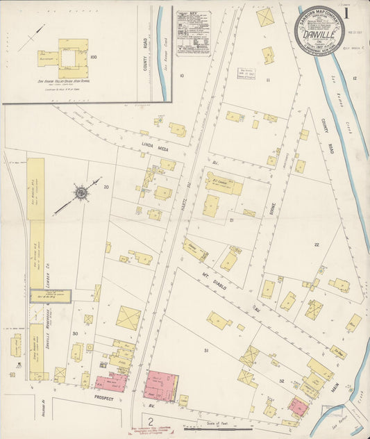 Sanborn Fire Insurance Map from Danville, Contra Costa County, California (1917), Sheet #0001 - Historic Sanborn Fire Insurance Map Print, vintage old map wall art, antique decor, genealogy gift, California California map