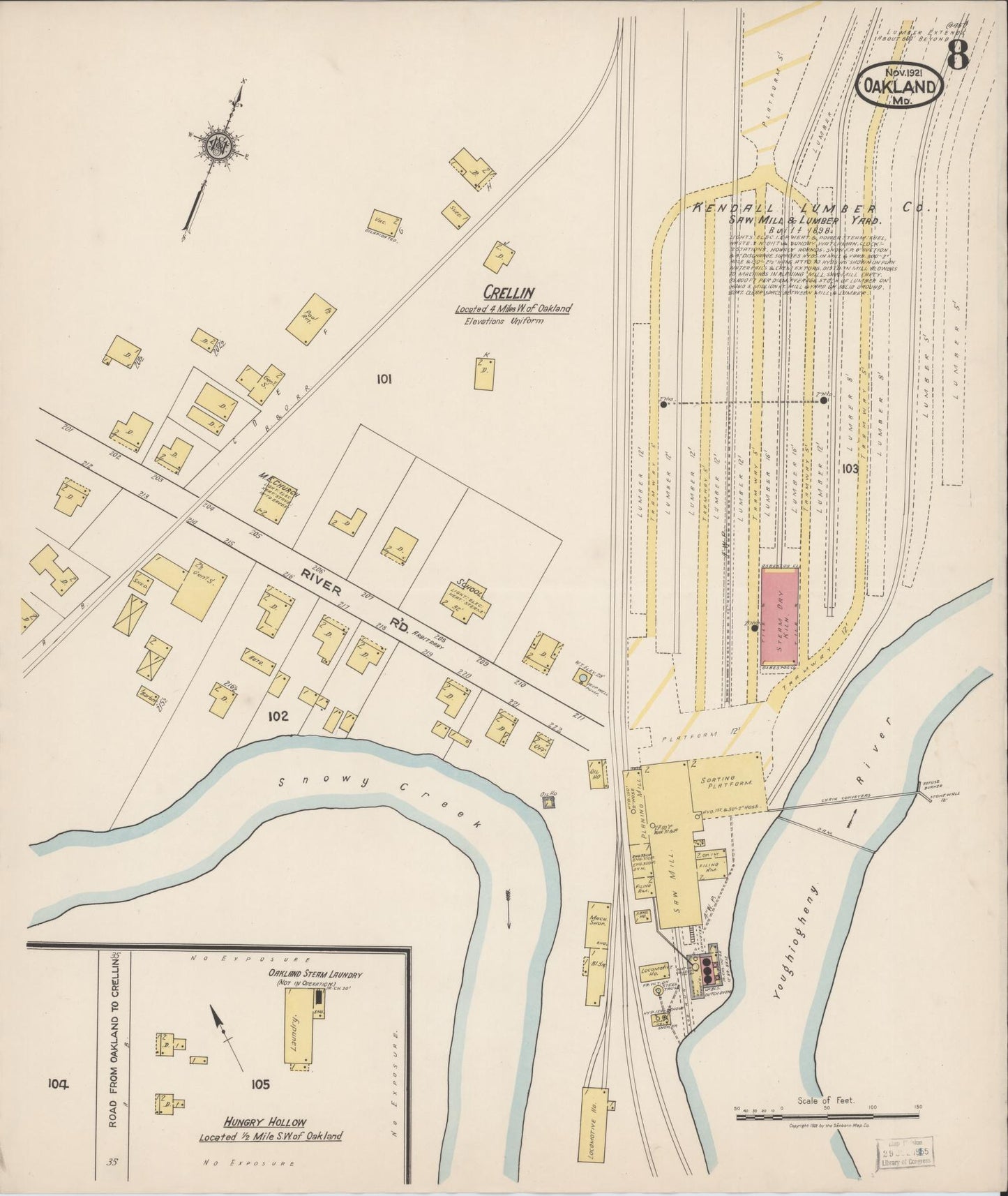 Sanborn Fire Insurance Map from Oakland, Garrett County, Maryland (1921), Sheet #0008 - Historic Sanborn Fire Insurance Map Print, vintage old map wall art
