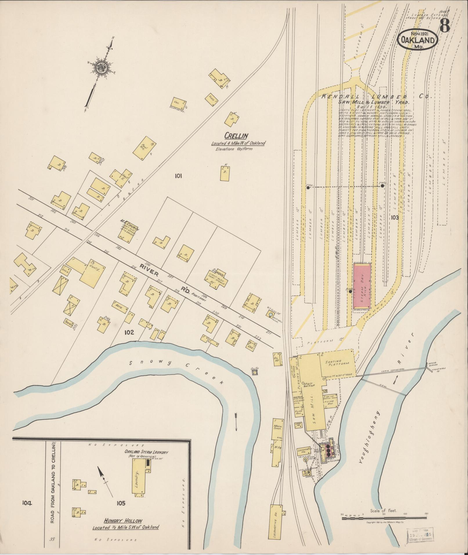 Sanborn Fire Insurance Map from Oakland, Garrett County, Maryland (1921), Sheet #0008 - Historic Sanborn Fire Insurance Map Print, vintage old map wall art