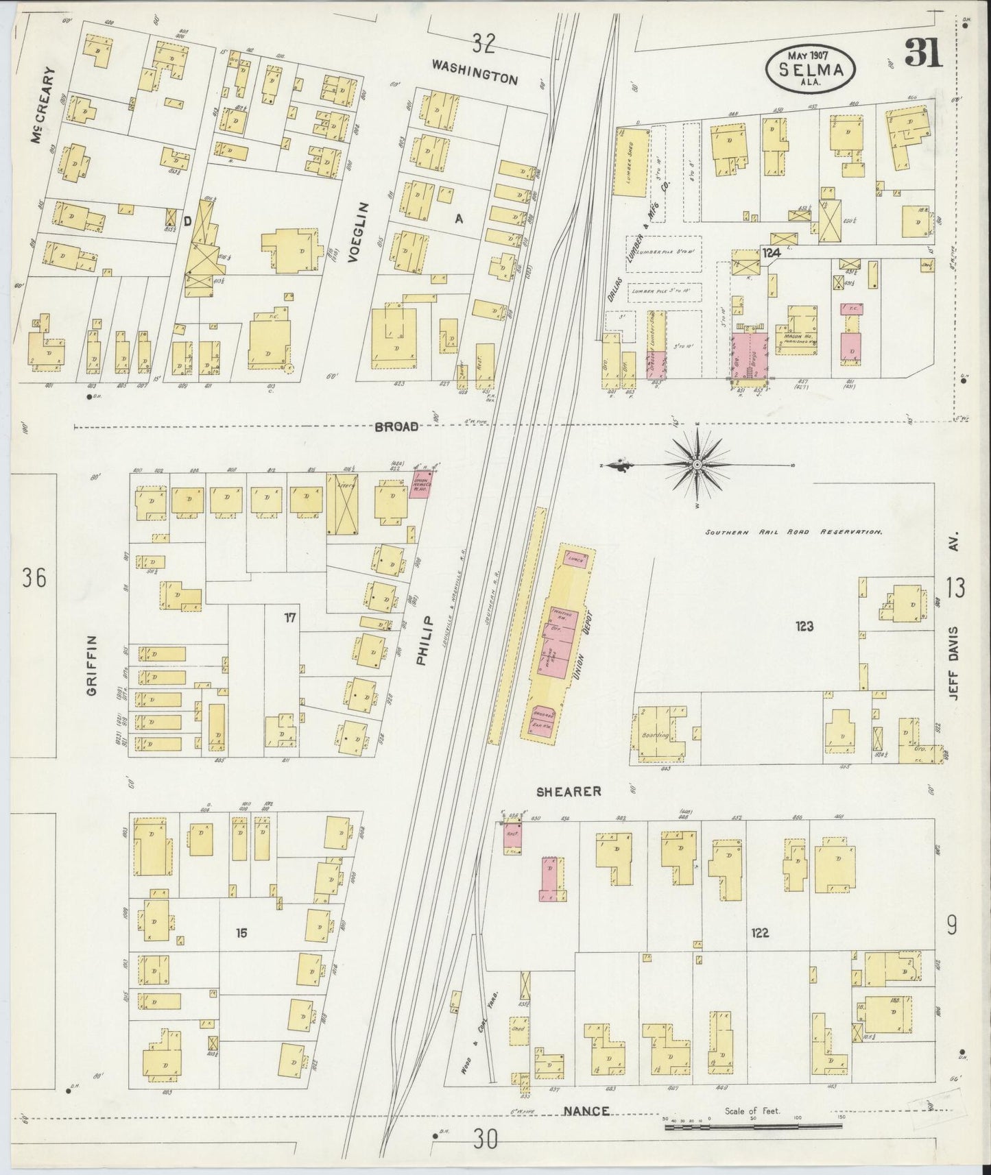 Sanborn Fire Insurance Map from Selma, Dallas County, Alabama (1907), Sheet #0031 - Complete Map Set gallery image, historic Sanborn map, vintage wall art, Alabama Alabama