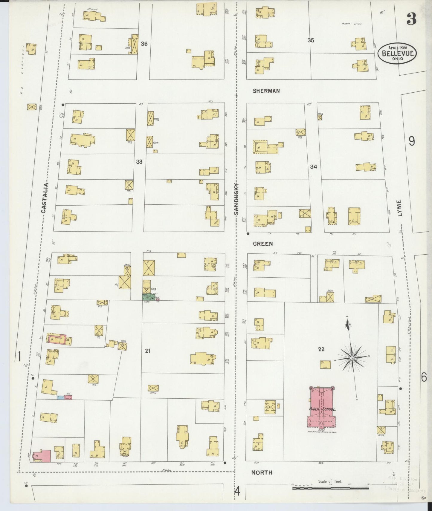 Sanborn Fire Insurance Map from Bellevue, Huron And Sandusky County, Ohio (1899), Sheet #0003 - Historic Sanborn Fire Insurance Map Print, vintage old map wall art, antique decor, genealogy gift, Ohio Ohio map