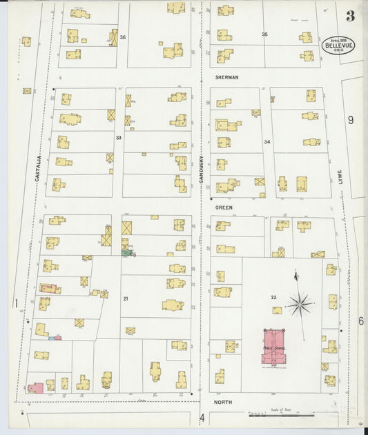 Sanborn Fire Insurance Map from Bellevue, Huron And Sandusky County, Ohio (1899), Sheet #0003 - Historic Sanborn Fire Insurance Map Print, vintage old map wall art, antique decor, genealogy gift, Ohio Ohio map