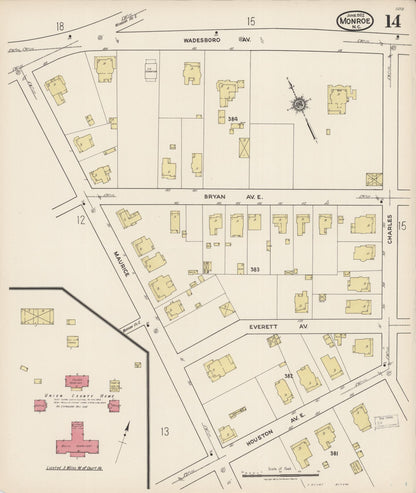 Sanborn Fire Insurance Map from Monroe, Union County, North Carolina (1922), Sheet #0014 - Historic Sanborn Fire Insurance Map Print, vintage old map wall art, antique decor, genealogy gift, North Carolina North Carolina map