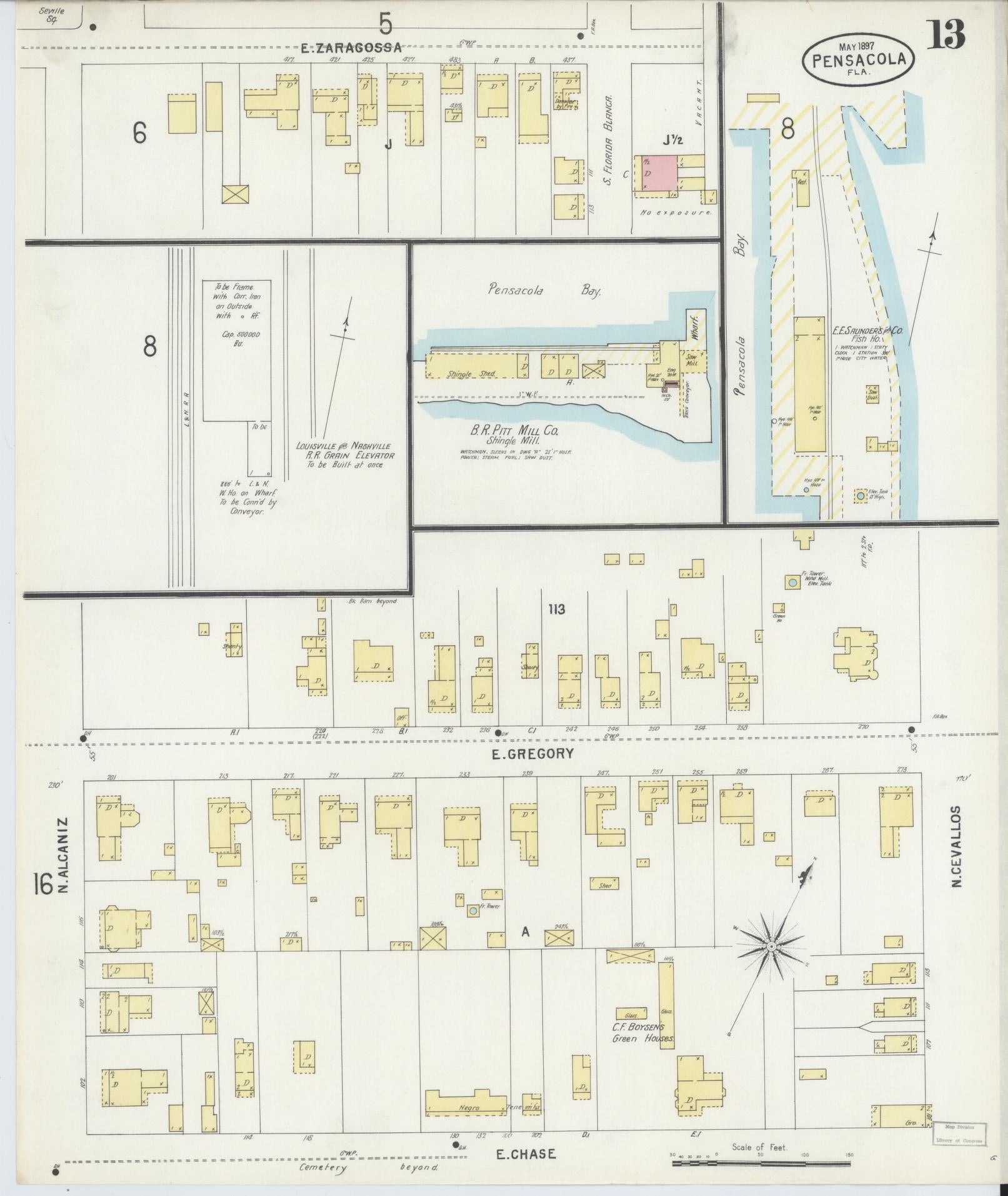 Sanborn Fire Insurance Map from Pensacola, Escambia County, Florida (1897), Sheet #0013 - Complete Map Set gallery image, historic Sanborn map, vintage wall art, Florida Florida
