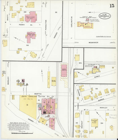 Sanborn Fire Insurance Map from Greenville, Greenville County, South Carolina (1908), Sheet #0015 - Complete Map Set gallery image, historic Sanborn map, vintage wall art, South Carolina South Carolina