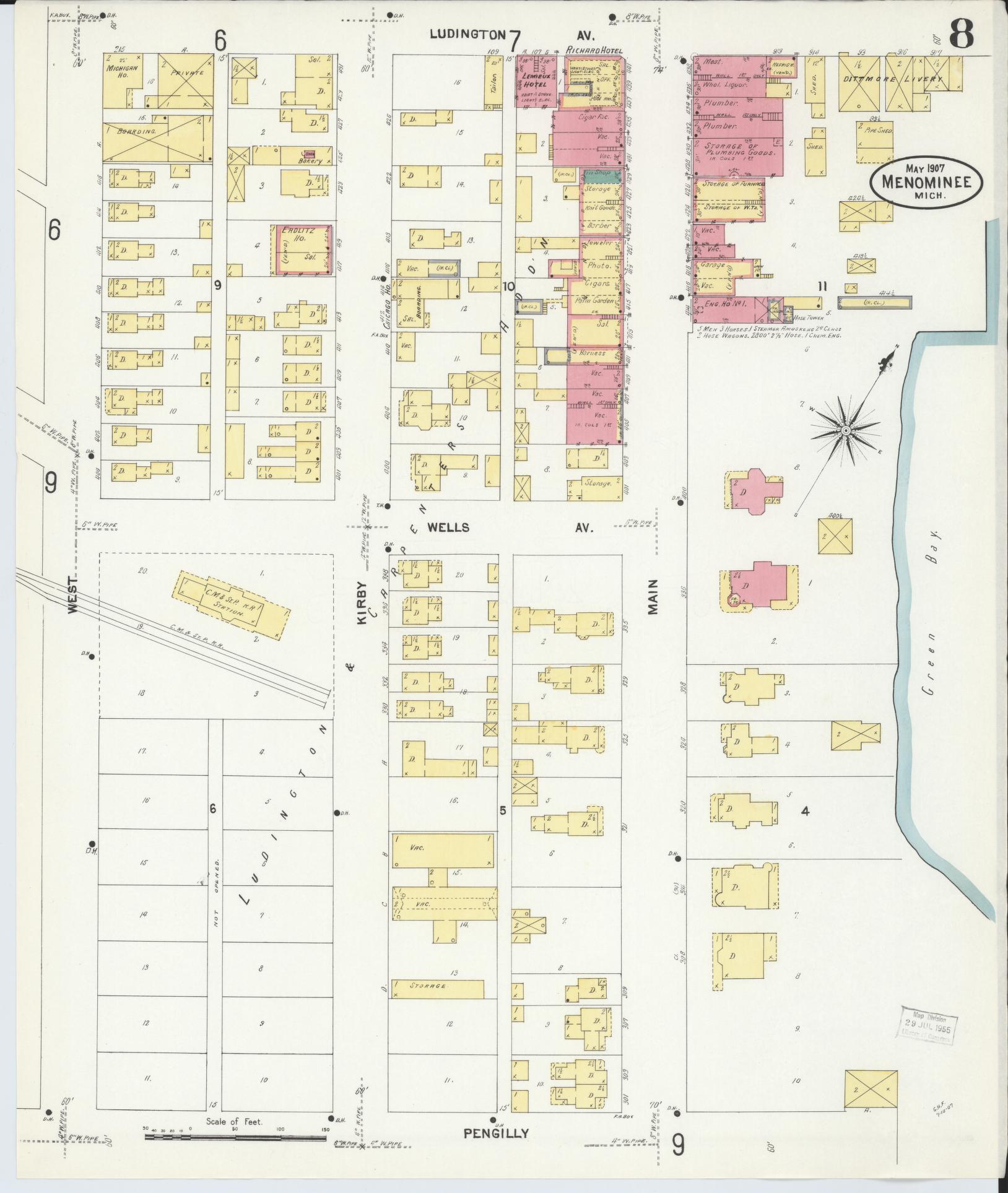 Sanborn Fire Insurance Map from Menominee, Menominee County, Michigan (1907), Sheet #0008 - Historic Sanborn Fire Insurance Map Print, vintage old map wall art, antique decor, genealogy gift, Michigan Michigan map