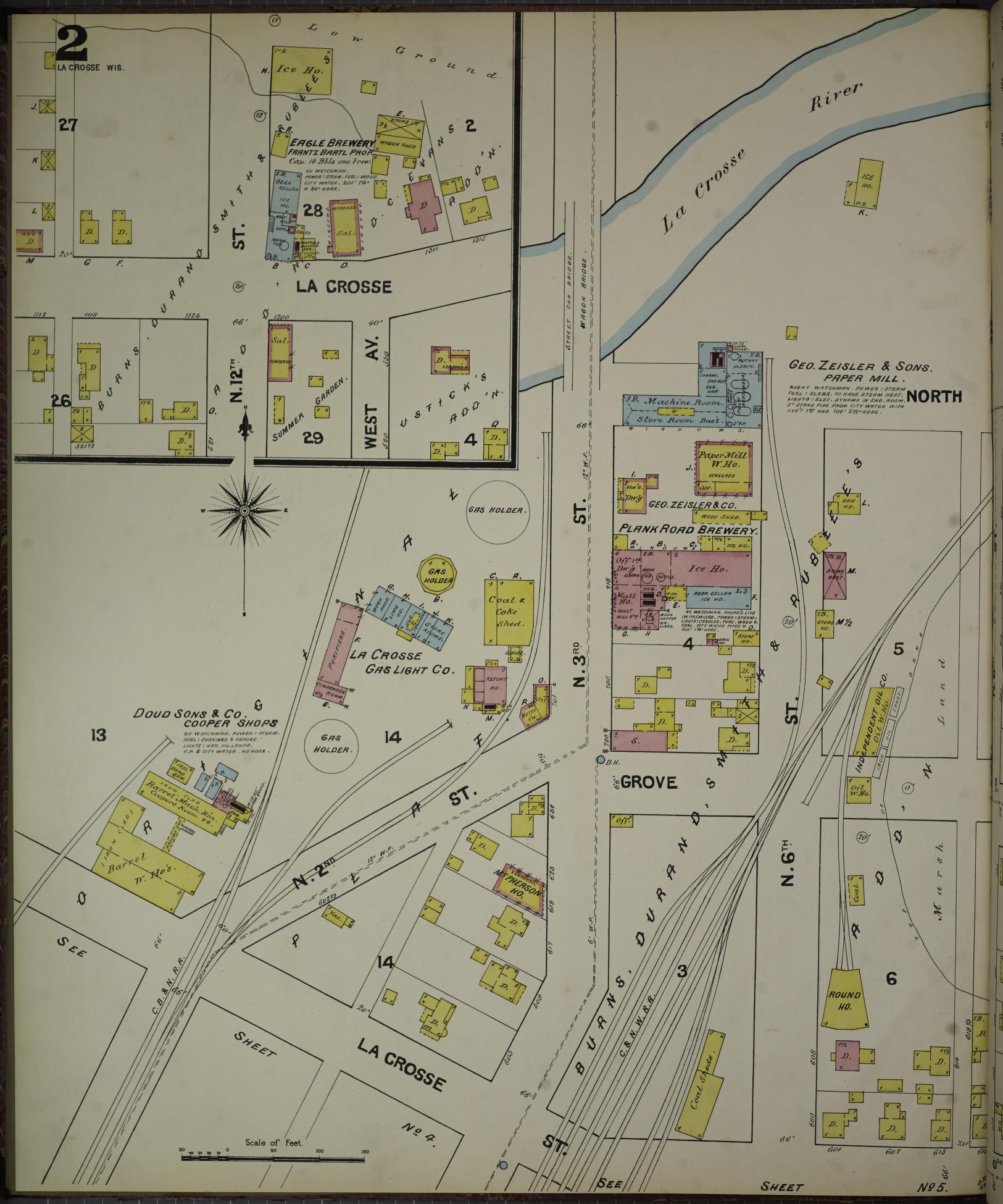 Sanborn Fire Insurance Map from La Crosse, La Crosse County, Wisconsin (1891), Sheet #0002 - Historic Sanborn Fire Insurance Map Print, vintage old map wall art, antique decor, genealogy gift, Wisconsin Wisconsin map