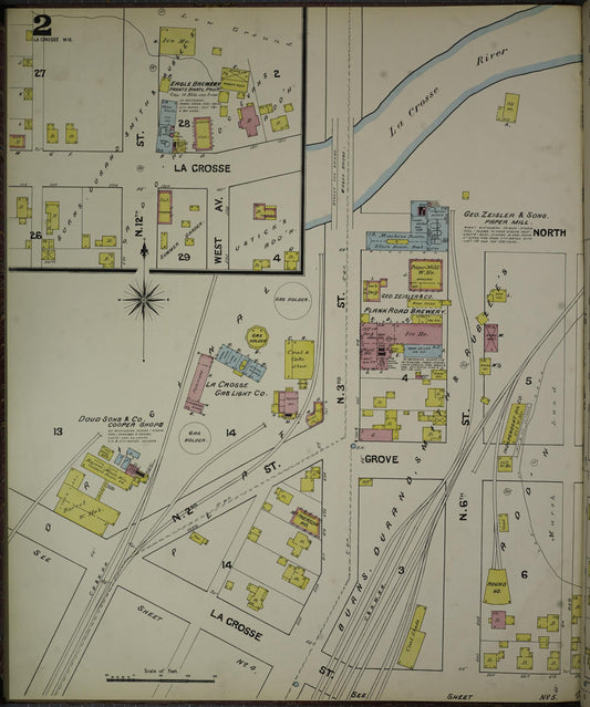 Sanborn Fire Insurance Map from La Crosse, La Crosse County, Wisconsin (1891), Sheet #0002 - Historic Sanborn Fire Insurance Map Print, vintage old map wall art, antique decor, genealogy gift, Wisconsin Wisconsin map