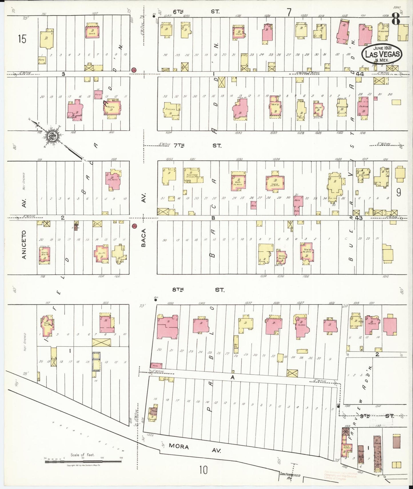 Sanborn Fire Insurance Map from Las Vegas, San Miguel County, New Mexico (1921), Sheet #0008 - Historic Sanborn Fire Insurance Map Print, vintage old map wall art, antique decor, genealogy gift, New Mexico New Mexico map