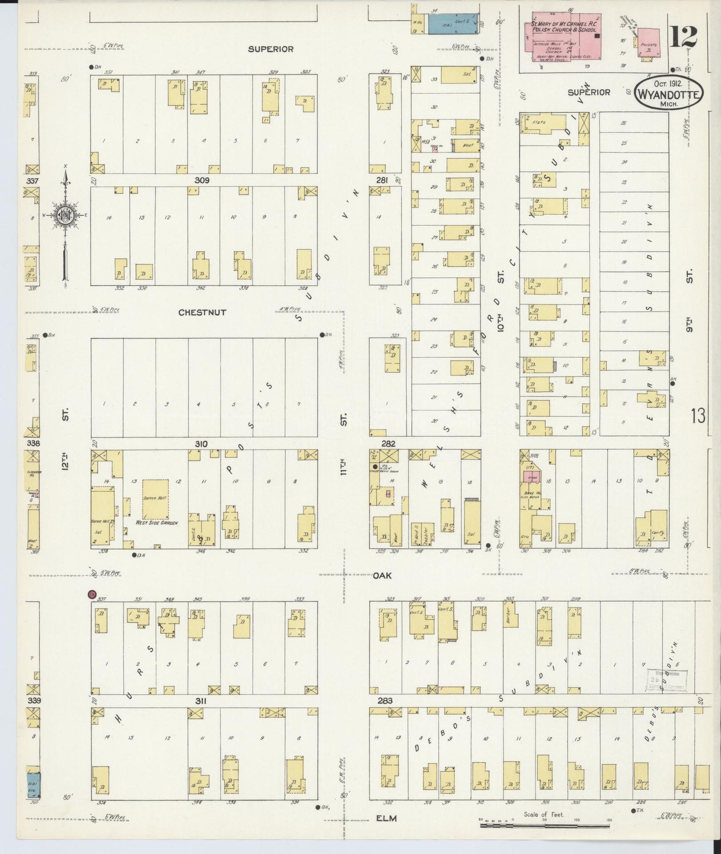 Sanborn Fire Insurance Map from Wyandotte, Wayne County, Michigan (1912), Sheet #0012 - Historic Sanborn Fire Insurance Map Print, vintage old map wall art, antique decor, genealogy gift, Michigan Michigan map