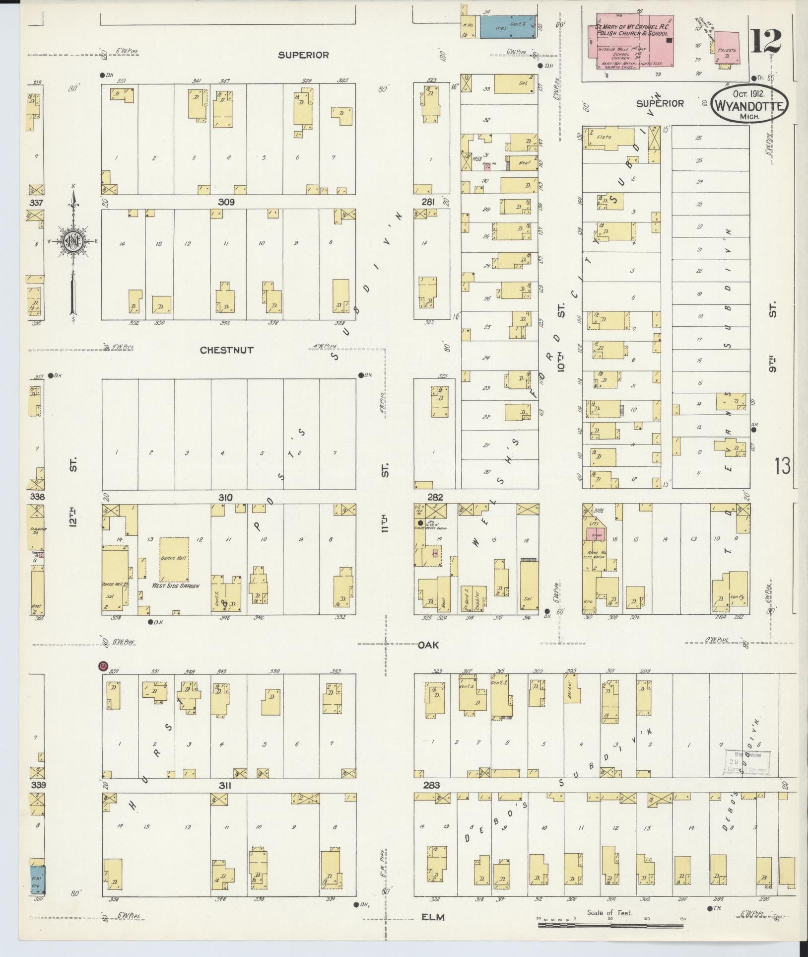 Sanborn Fire Insurance Map from Wyandotte, Wayne County, Michigan (1912), Sheet #0012 - Historic Sanborn Fire Insurance Map Print, vintage old map wall art, antique decor, genealogy gift, Michigan Michigan map