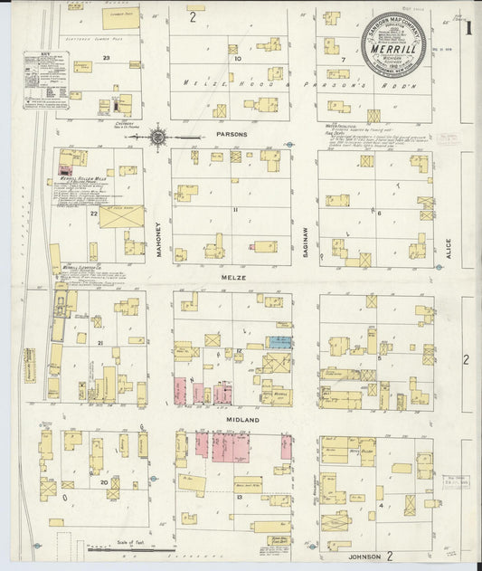Sanborn Fire Insurance Map from Merrill, Saginaw County, Michigan (1910), Sheet #0001 - Historic Sanborn Fire Insurance Map Print, vintage old map wall art, antique decor, genealogy gift, Michigan Michigan map
