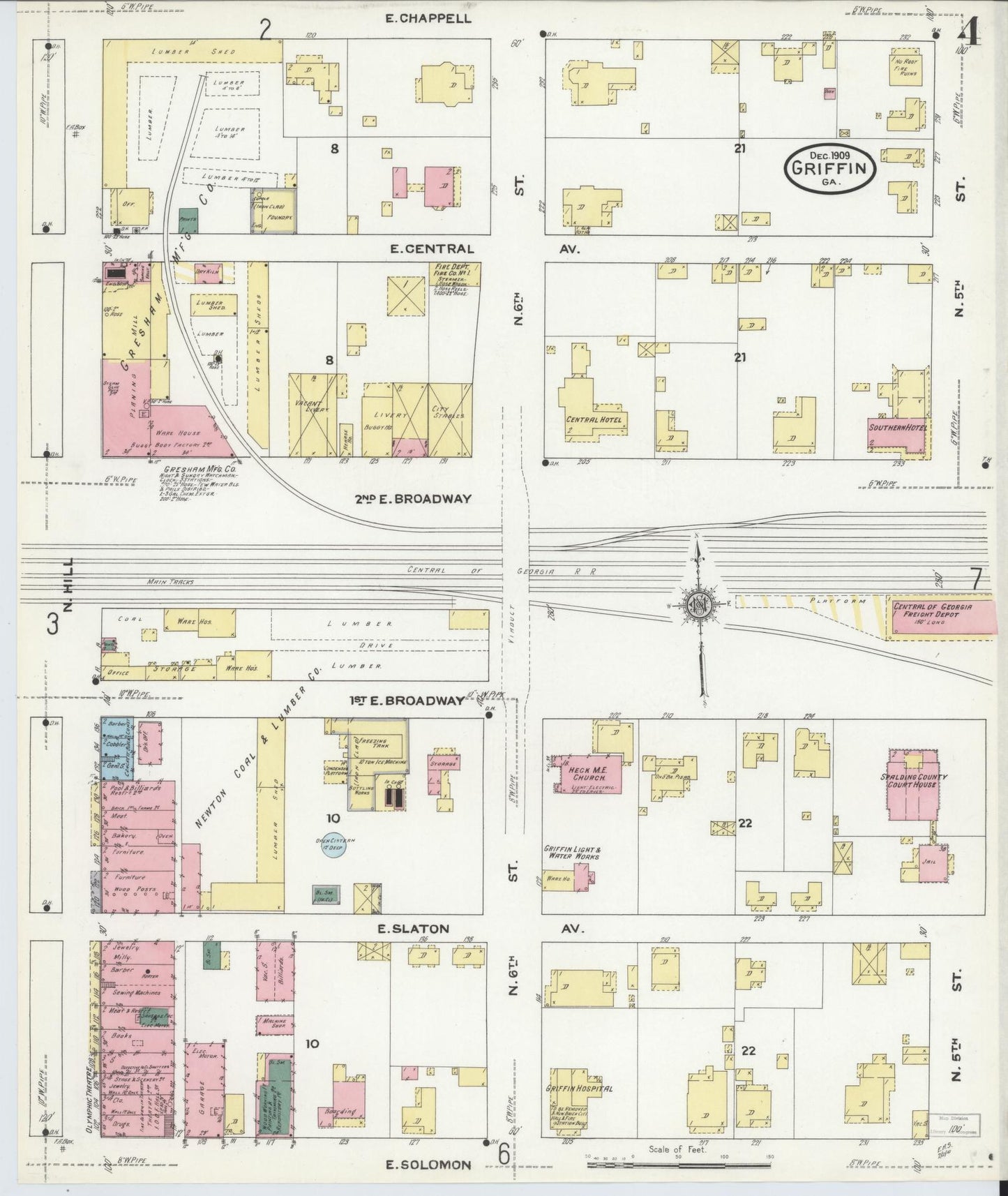 Sanborn Fire Insurance Map from Griffin, Spalding County, Georgia (1909), Sheet #0004 - Historic Sanborn Fire Insurance Map Print, vintage old map wall art, antique decor, genealogy gift, Georgia Georgia map