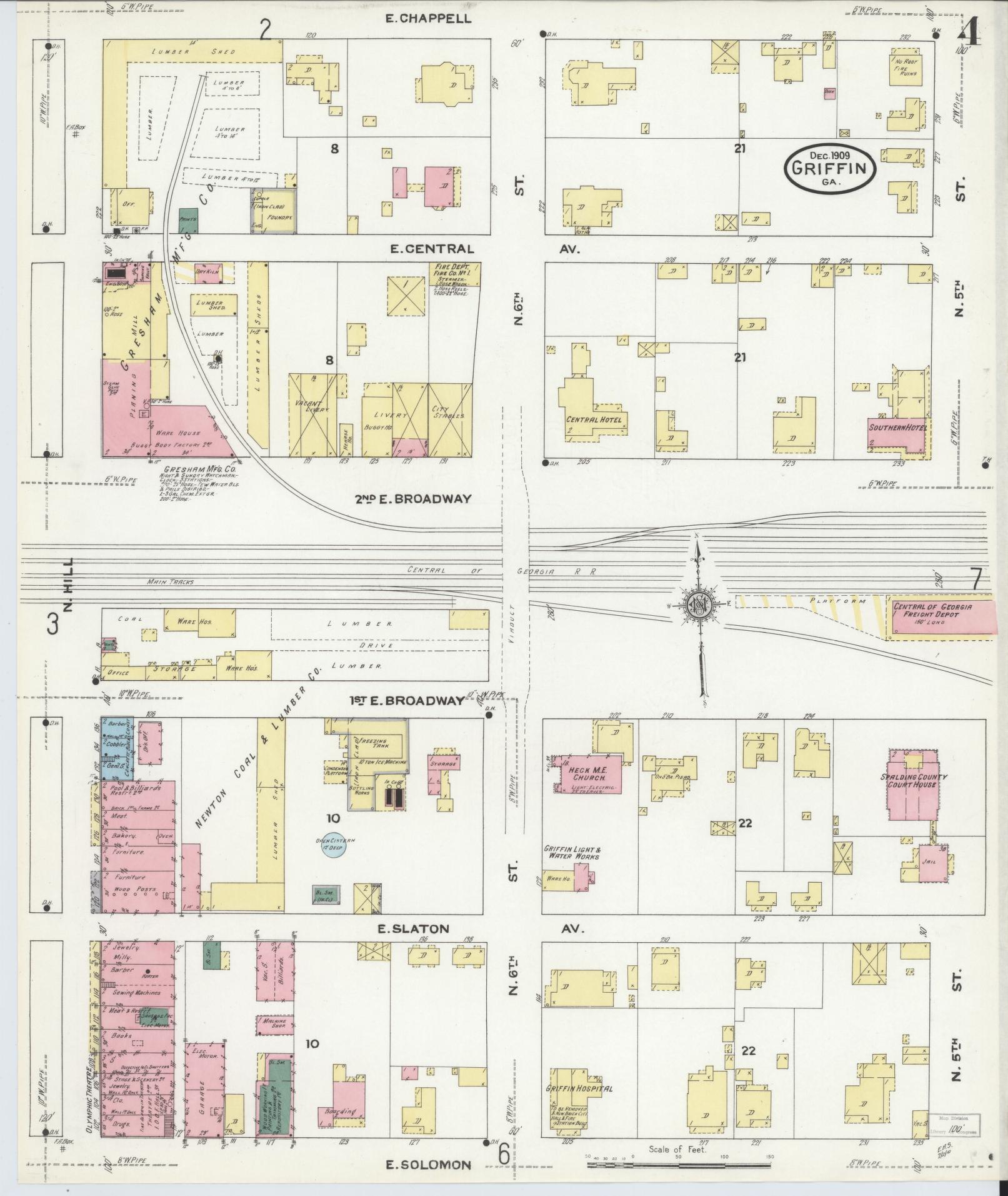 Sanborn Fire Insurance Map from Griffin, Spalding County, Georgia (1909), Sheet #0004 - Historic Sanborn Fire Insurance Map Print, vintage old map wall art, antique decor, genealogy gift, Georgia Georgia map