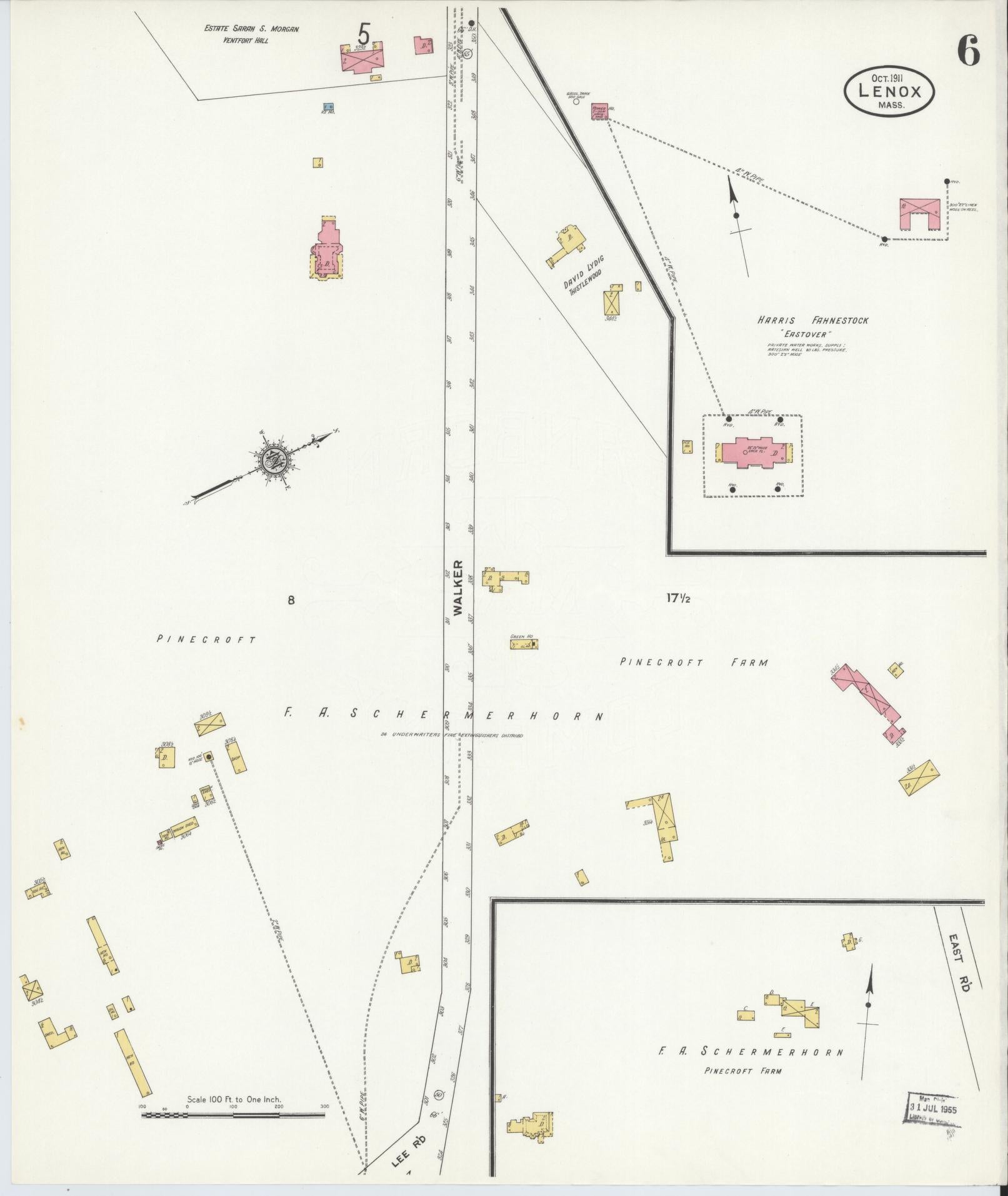 Sanborn Fire Insurance Map from Lenox, Berkshire County, Massachusetts (1911), Sheet #0006 - Historic Sanborn Fire Insurance Map Print, vintage old map wall art, antique decor, genealogy gift, Massachusetts Massachusetts map