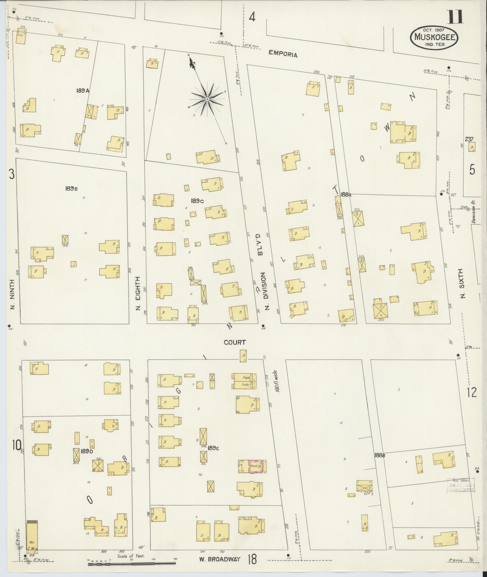 Sanborn Fire Insurance Map from Muskogee, Muskogee County, Oklahoma (1907), Sheet #0011 - Complete Map Set gallery image, historic Sanborn map, vintage wall art, Oklahoma Oklahoma