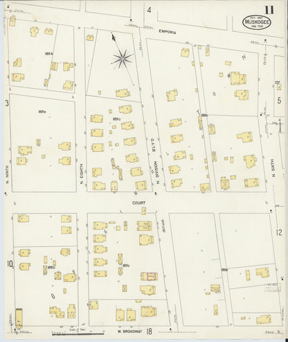 Sanborn Fire Insurance Map from Muskogee, Muskogee County, Oklahoma (1907), Sheet #0011 - Complete Map Set gallery image, historic Sanborn map, vintage wall art, Oklahoma Oklahoma