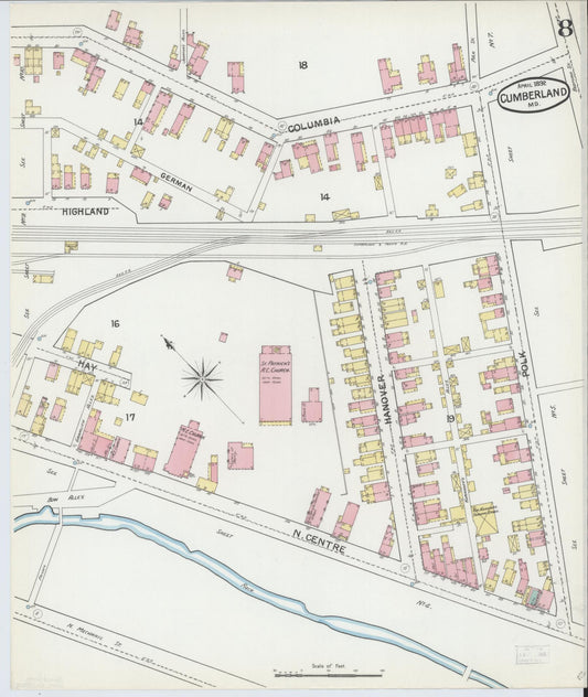 Sanborn Fire Insurance Map from Cumberland, Allegany County, Maryland (1892), Sheet #0008 - Historic Sanborn Fire Insurance Map Print, vintage old map wall art